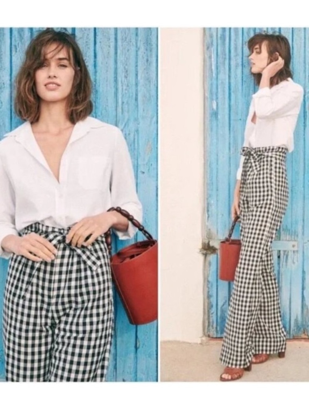 Sezane Arthur Gingham Plaid Pantaloon High Rise Woven Bootcut Pant Black 6